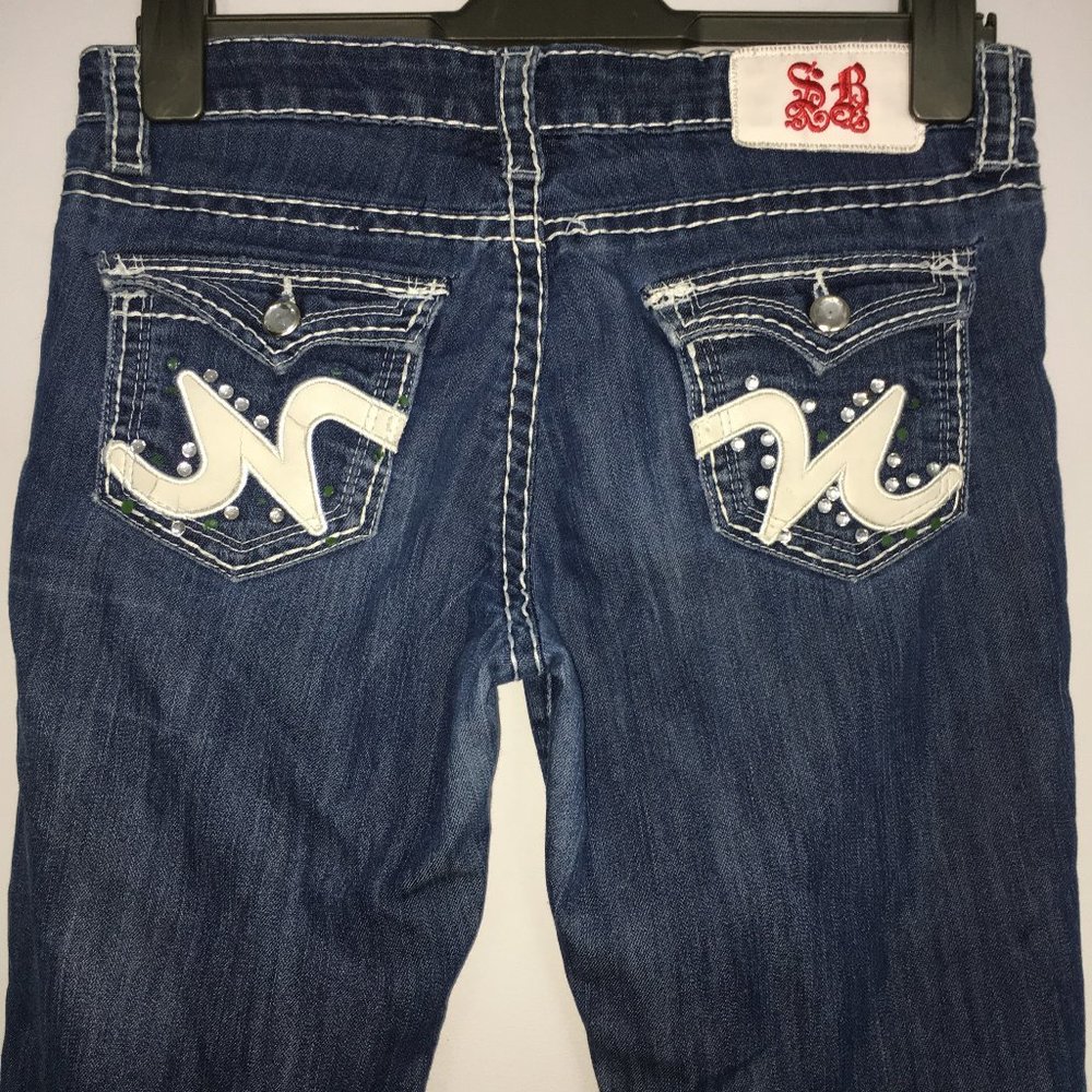 Smoke Rise Juniors 3 Dark Wash Contrast Stitch Embroidered Flap Pocket Blue Jean